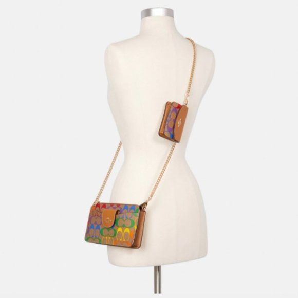 Coach Poppy Crossbody In Rainbow Signature Canvas Textile Leather Double purse - Picture 10 of 11